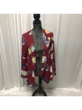 Peach Love California Cardigan Size Small Medium Maroon Floral Open Front Jacket